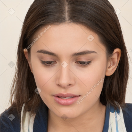 Neutral white young-adult female with long  brown hair and brown eyes