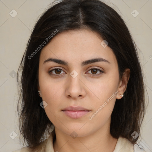 Neutral white young-adult female with medium  brown hair and brown eyes