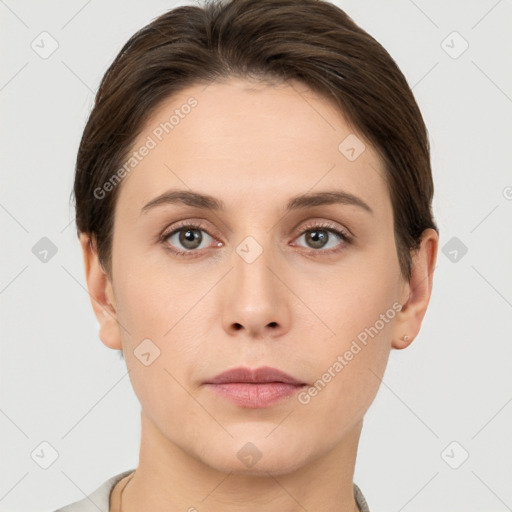 Neutral white young-adult female with short  brown hair and brown eyes