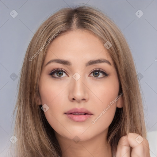 Neutral white young-adult female with long  brown hair and brown eyes