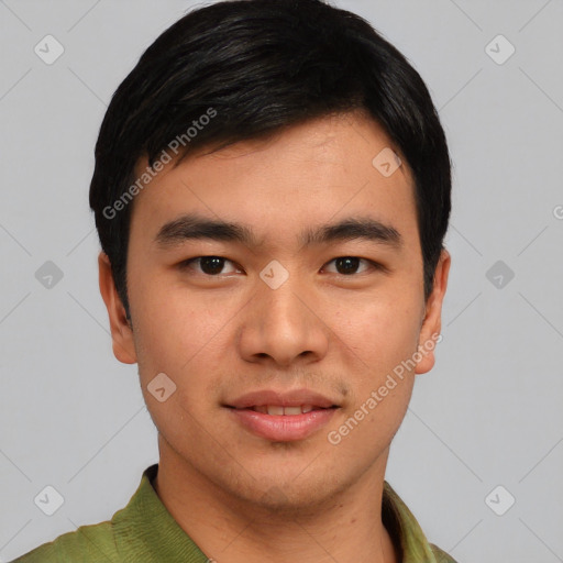 Joyful white young-adult male with short  black hair and brown eyes