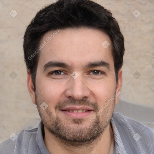 Joyful white young-adult male with short  black hair and brown eyes