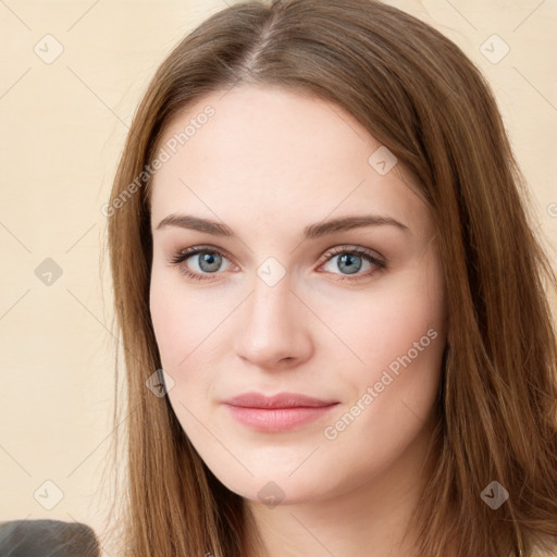 Neutral white young-adult female with long  brown hair and grey eyes