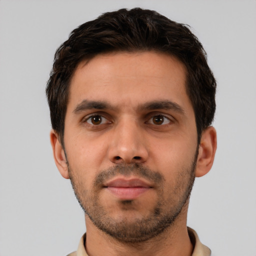 Neutral white young-adult male with short  brown hair and brown eyes