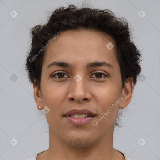 Joyful latino young-adult female with short  brown hair and brown eyes