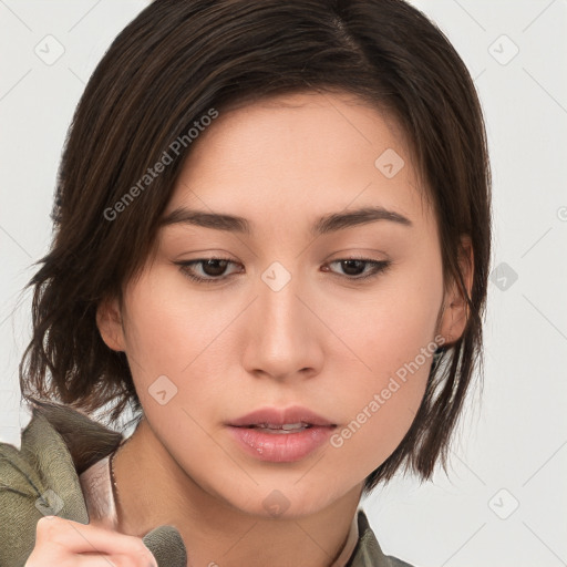 Neutral white young-adult female with medium  brown hair and brown eyes