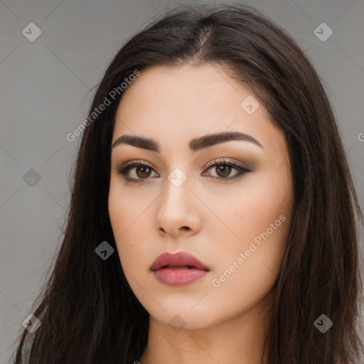 Neutral white young-adult female with long  brown hair and brown eyes