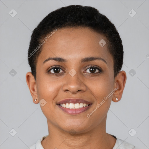 Joyful black young-adult female with short  brown hair and brown eyes