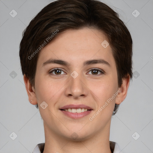 Joyful white young-adult female with short  brown hair and brown eyes