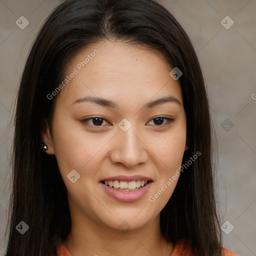 Joyful asian young-adult female with long  brown hair and brown eyes