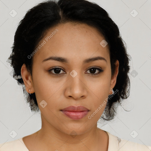 Neutral latino young-adult female with short  black hair and brown eyes