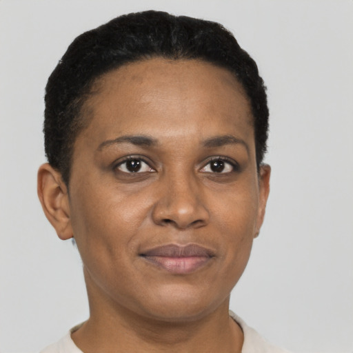 Joyful black adult female with short  brown hair and brown eyes