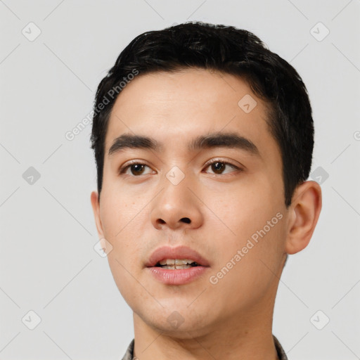 Neutral asian young-adult male with short  black hair and brown eyes