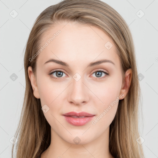 Neutral white young-adult female with long  brown hair and grey eyes