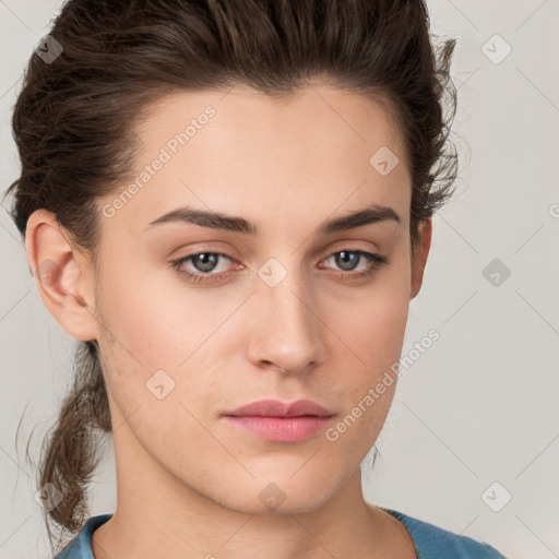 Neutral white young-adult female with short  brown hair and brown eyes