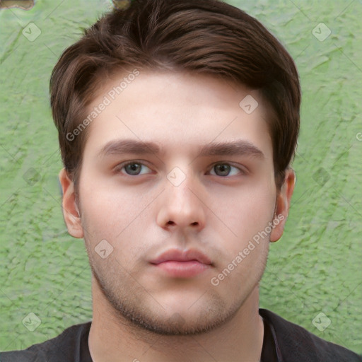 Neutral white young-adult male with short  brown hair and brown eyes