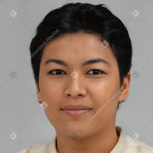 Joyful asian young-adult female with short  black hair and brown eyes