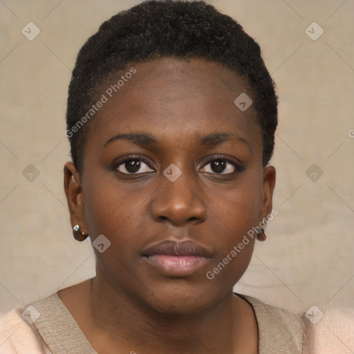 Neutral black young-adult female with short  brown hair and brown eyes