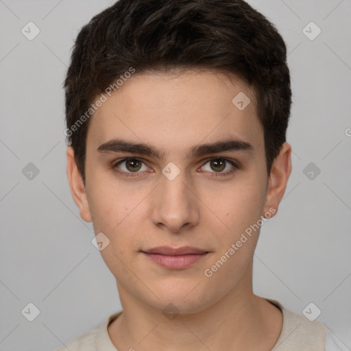 Neutral white young-adult male with short  brown hair and brown eyes