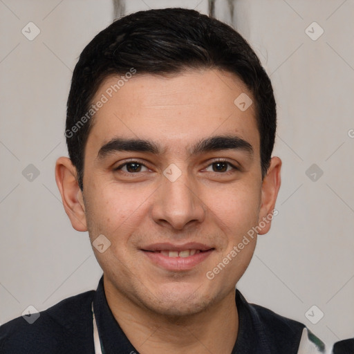 Joyful white young-adult male with short  black hair and brown eyes