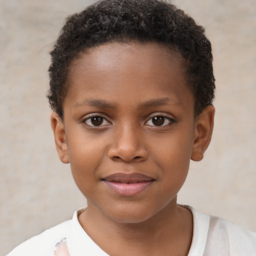 Joyful black child female with short  brown hair and brown eyes