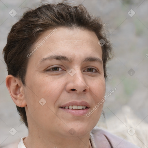 Joyful white adult female with short  brown hair and brown eyes