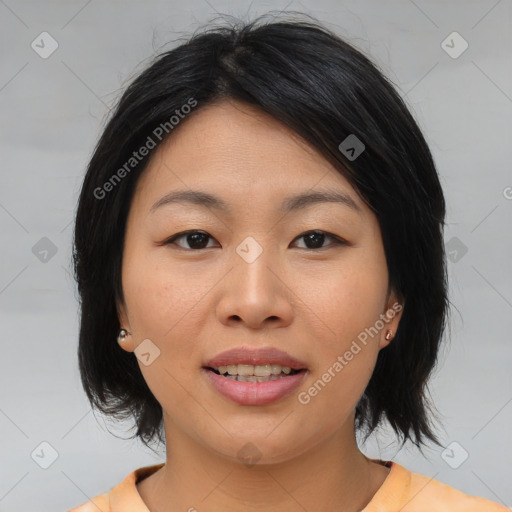 Joyful asian young-adult female with medium  brown hair and brown eyes