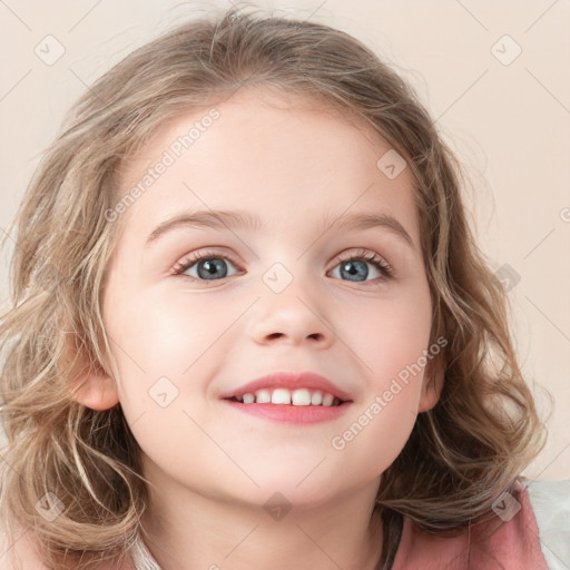 Joyful white child female with medium  brown hair and blue eyes