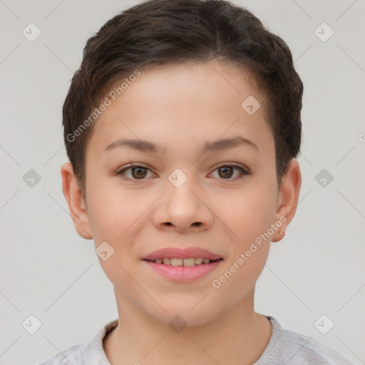 Joyful white child female with short  brown hair and brown eyes