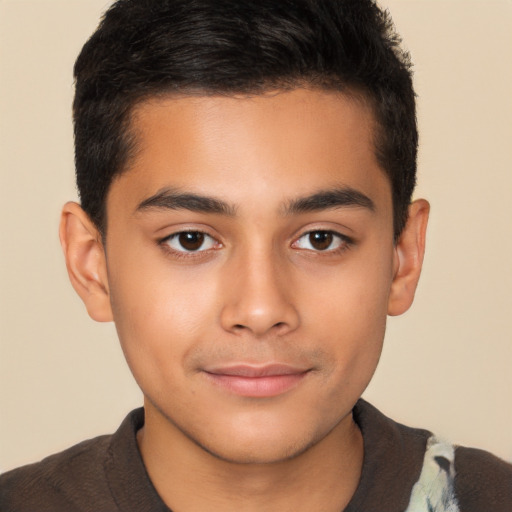 Joyful latino young-adult male with short  brown hair and brown eyes