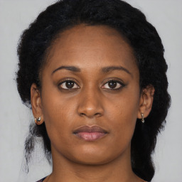 Neutral black young-adult female with long  brown hair and brown eyes