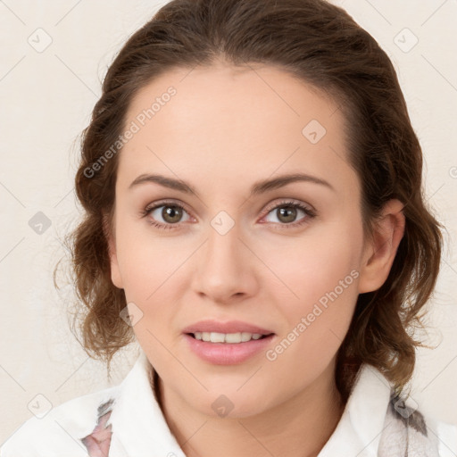 Joyful white young-adult female with medium  brown hair and green eyes