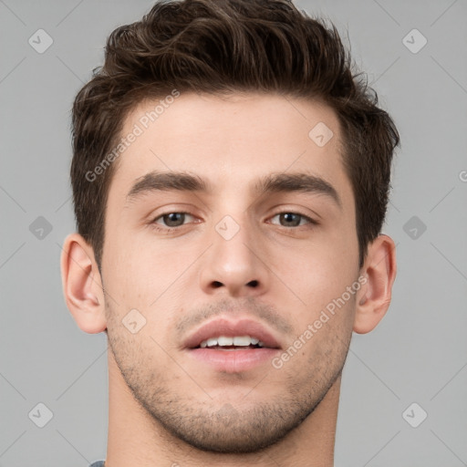 Neutral white young-adult male with short  brown hair and brown eyes