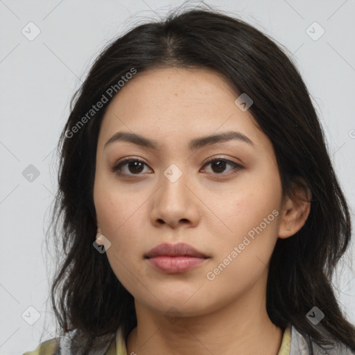 Neutral asian young-adult female with long  brown hair and brown eyes