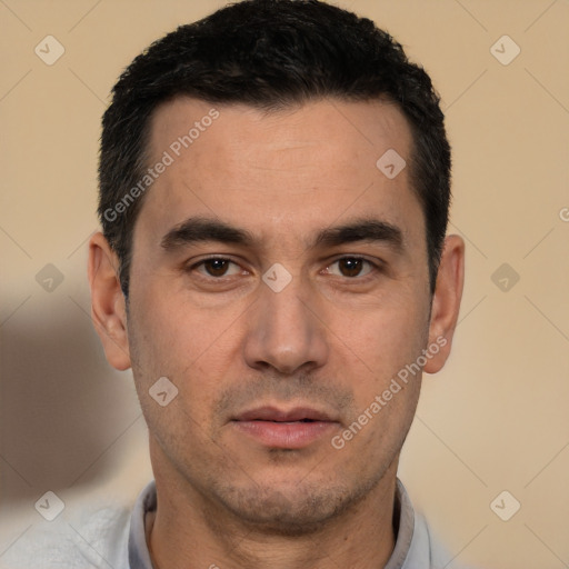 Neutral white adult male with short  black hair and brown eyes