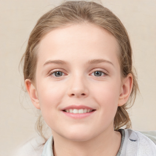 Joyful white child female with medium  brown hair and blue eyes