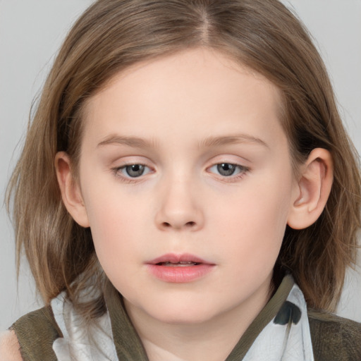 Neutral white child female with medium  brown hair and grey eyes