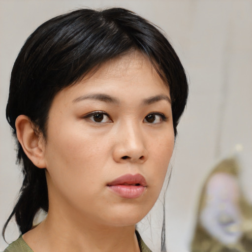 Neutral asian young-adult female with medium  brown hair and brown eyes