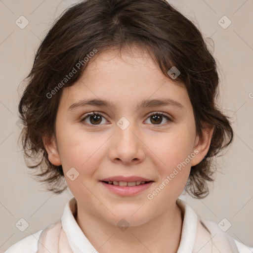 Joyful white child female with medium  brown hair and brown eyes