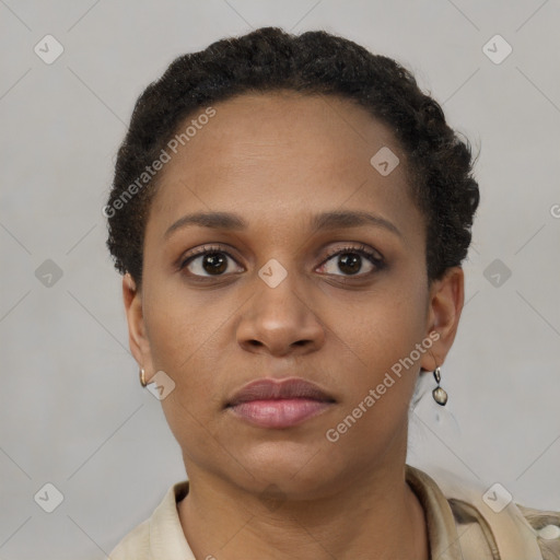 Neutral black young-adult female with short  brown hair and brown eyes