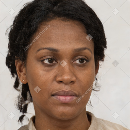 Neutral black young-adult female with medium  brown hair and brown eyes