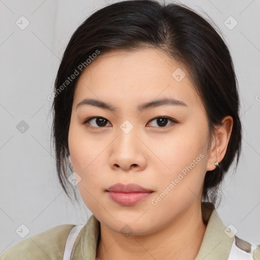 Neutral asian young-adult female with medium  brown hair and brown eyes