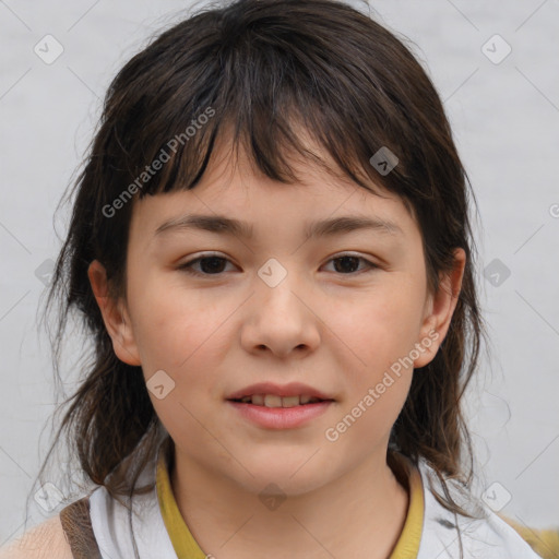 Joyful white child female with medium  brown hair and brown eyes
