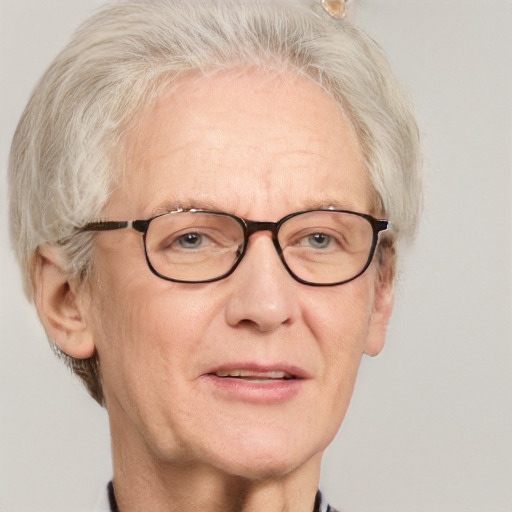 Neutral white middle-aged female with short  gray hair and blue eyes