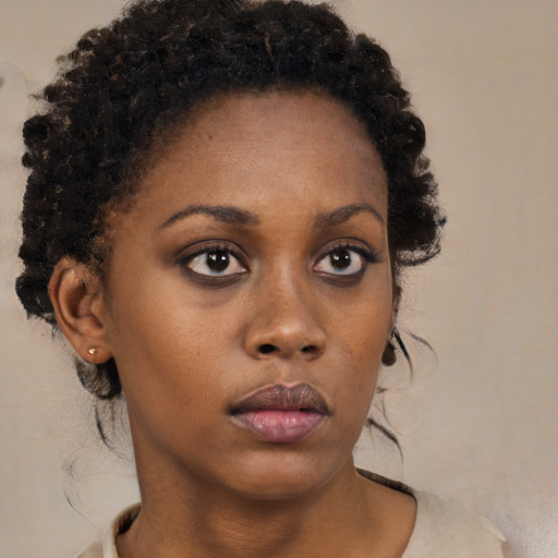 Neutral black young-adult female with short  brown hair and brown eyes