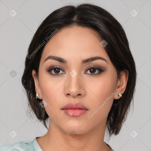 Neutral asian young-adult female with medium  brown hair and brown eyes