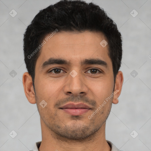 Neutral latino young-adult male with short  brown hair and brown eyes