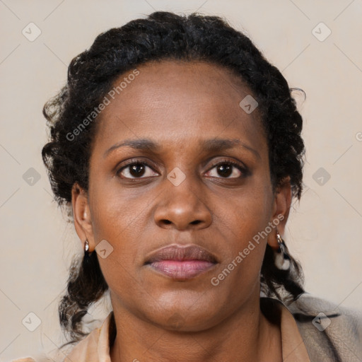 Neutral black young-adult female with medium  brown hair and brown eyes