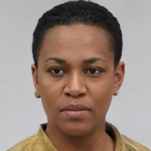 Joyful latino young-adult female with short  black hair and brown eyes