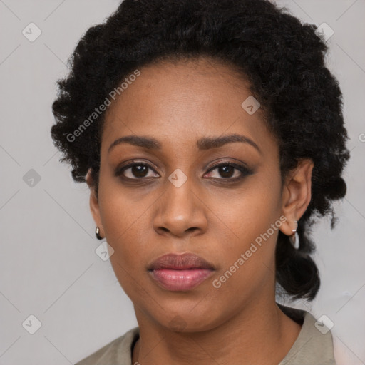 Neutral black young-adult female with short  black hair and brown eyes